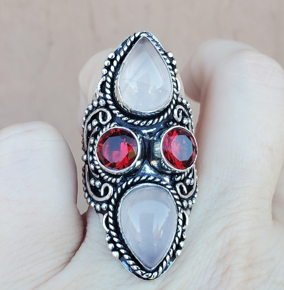 New Rose Quartz and Garnet 925 Silver Statement Ring. - Picture 2 of 15